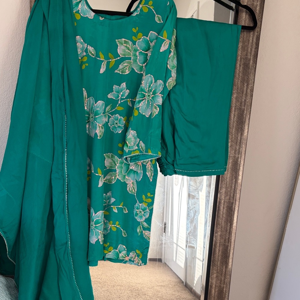 Vibrant Teal Floral Ensemble Indian suit 3 piece set Punjabi suit